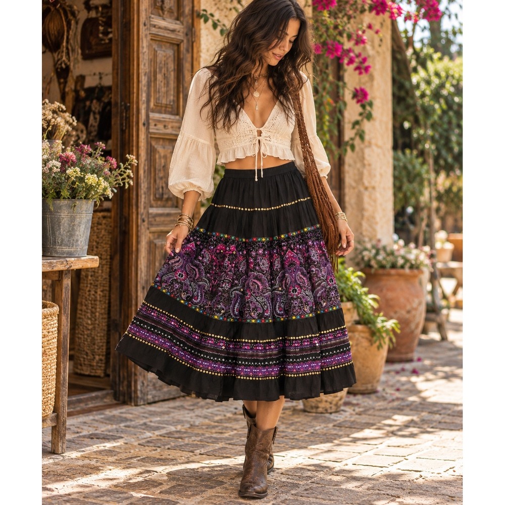 Soft Surroundings Boho Paisley Tiered Midi Skirt